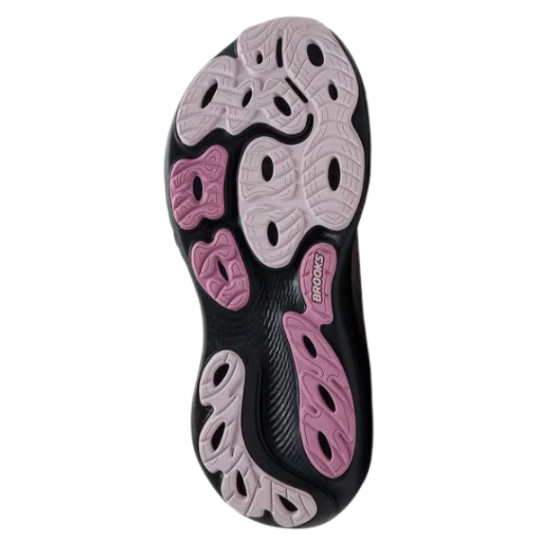 The sole of a BROOKS Women's Adrenaline GTS 25 Mauve/Ebony/Pink running shoe, shown with pink and white tread.