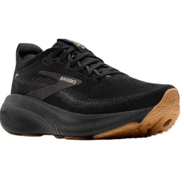 Brooks Men's Adrenaline GTS 25 Black Biscuit features mesh fabric, a brown rubber sole, and a lace-up design.