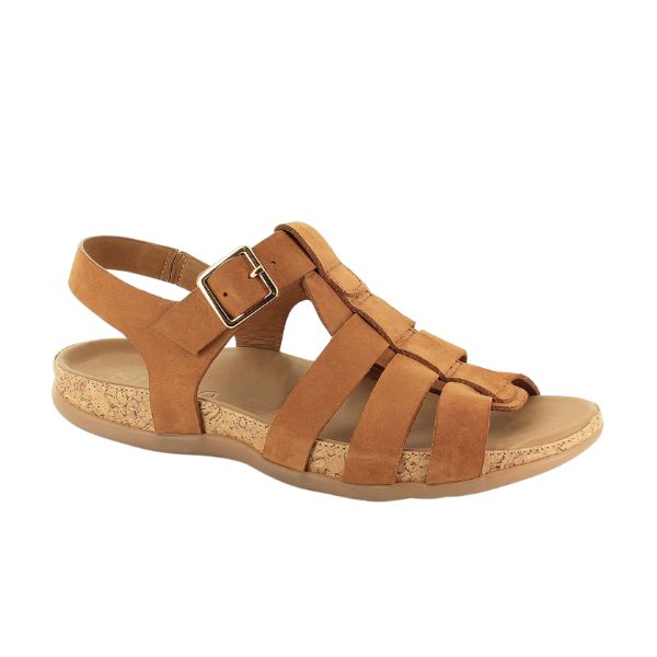 The Strive Womens Cristal Tan Leather sandal by STRIVE features multiple straps, an adjustable buckle, and a cork-textured memory foam footbed, shown against a white background.