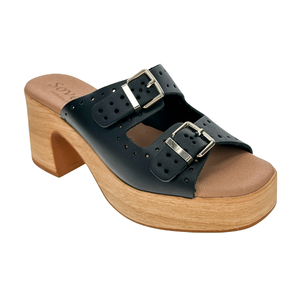 The Sovella Womens Paola Black sandal features a black perforated leather upper, two adjustable silver buckles, a tan wooden wedge sole with chunky heel, and a padded footbed for comfort.