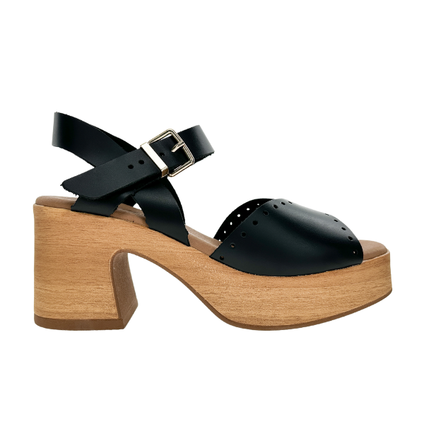 The SOVELLA Womens Lucia Black sandal features a padded footbed, thick wooden platform heel, open toe, ankle strap with metal buckle, and decorative rivets for style and support.