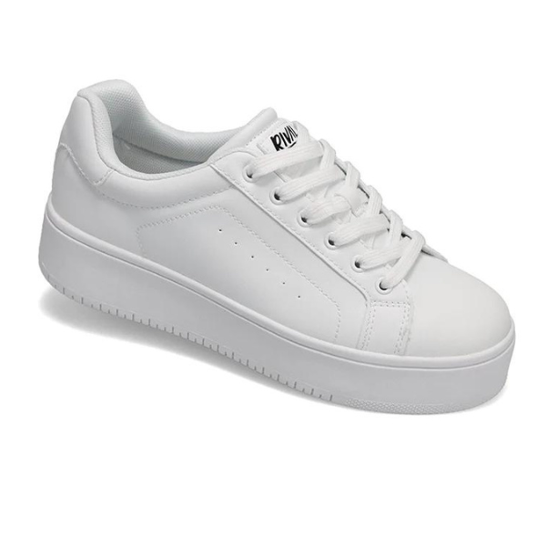 The Rival Womens The Ace Rise Court Shoe White by RIVAL, INC. is a white low-top with white laces, an abrasion-resistant rubber platform sole, subtle stitching, and ROWX in black on the tongue.