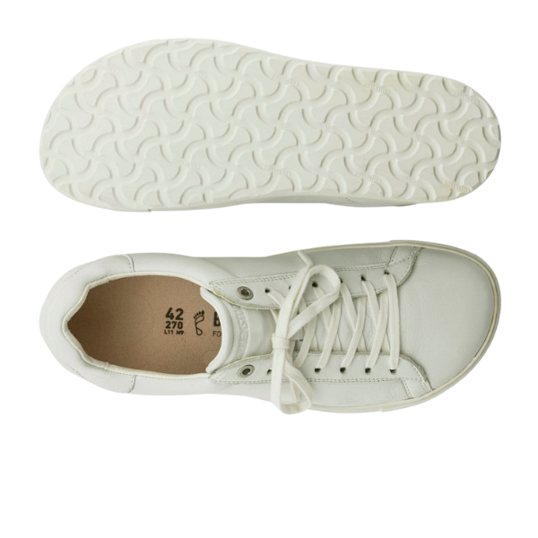 The Birkenstock Mens Bend Low White sneakers by BIRKENSTOCK are shown from the top, featuring laces and a sizing label, and from the bottom, displaying a wavy textured sole and contoured footbed for signature support.