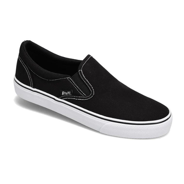 The Rival Womens Deuces Black/White by RIVAL, INC. is a black slip-on canvas sneaker with white stitching, a white sole, and Rival on the side—combining comfort and style. Pictured on a plain white background.