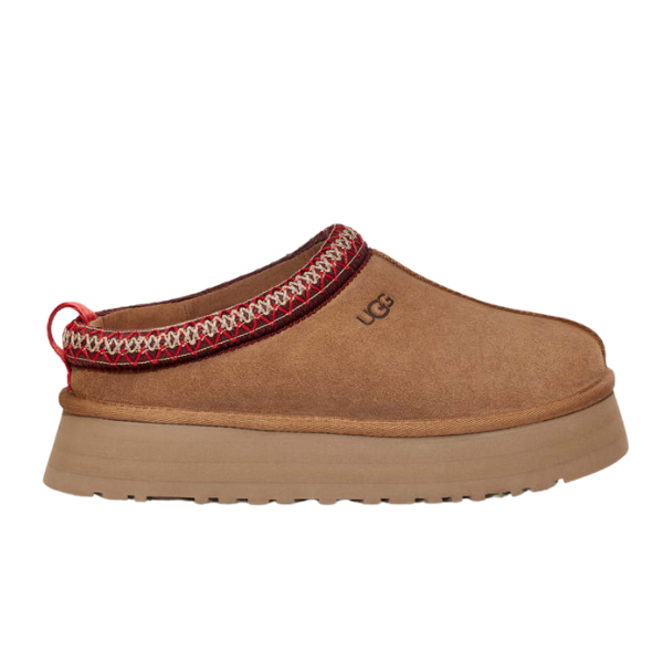 UGG Womens Tazz Slippers in Chestnut feature a thick platform outsole, red and white patterned trim around the ankle, red heel pull tab, cozy UGGplush™ lining, and a visible UGG logo on the side.