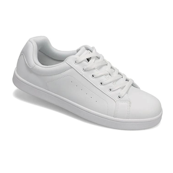 The Rival Mens The Ace Court Shoe White by RIVAL, INC. features a synthetic upper, white laces, a white sole, subtle stitching, abrasion-resistant materials, and a small tongue print—all shown from an angled top view.