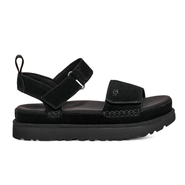 The UGG Womens Goldenstar Sandal Black features a thick SugarSole EVA sole for comfort, Wide toe strap, hook-and-loop ankle strap, pull tab at the heel, and subtle stitching.