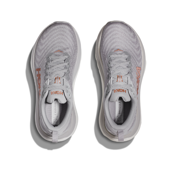 A pair of HOKA Womens Gaviota 5 Wide running shoes in Harbor Mist/Rose Gold, shown from above on a white background. Features Stabilizing H-Frame tech—ideal support for athletes with plantar fasciitis.