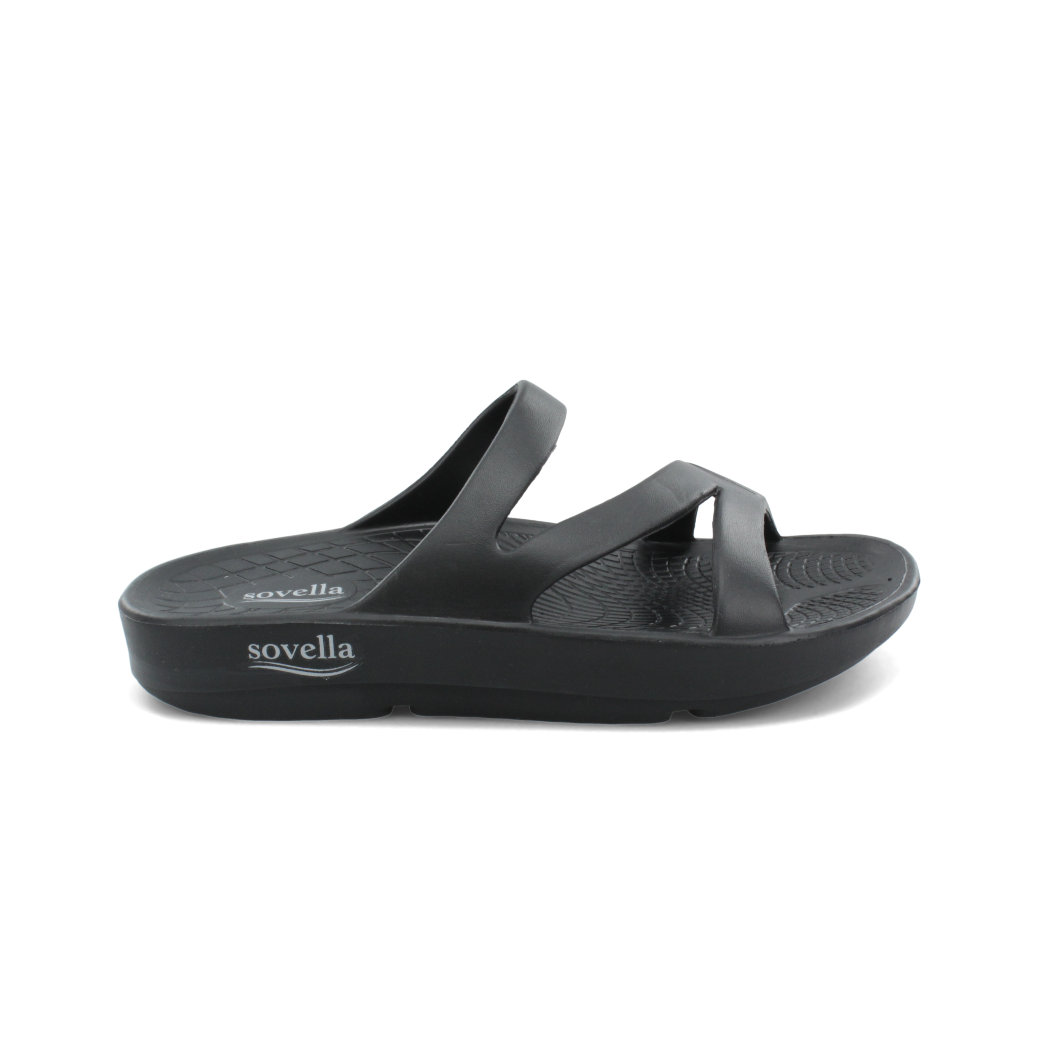 The Sovella Women's PF Slide Black by SOVELLA is a black recovery sandal with three straps and a thick, textured sole for comfortable cushioning, shown from the side on a plain white background.