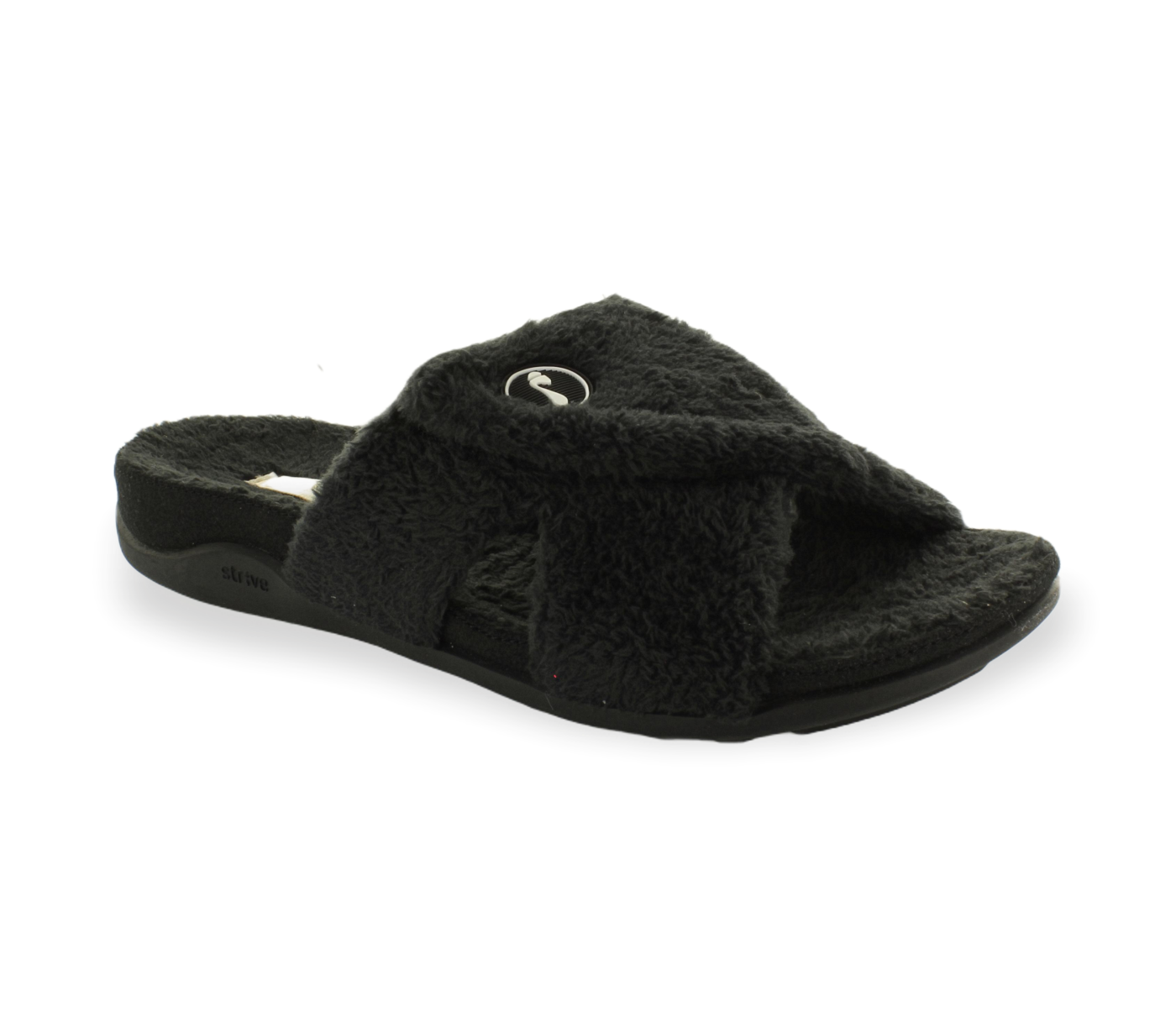 The Strive Womens Zoey Black by STRIVE is a black open-toe comfort slipper with a thick fuzzy fabric, Wide adjustable top strap, small circular logo, cushioned flat sole, and Biomechanical Footbed Technology for added comfort.