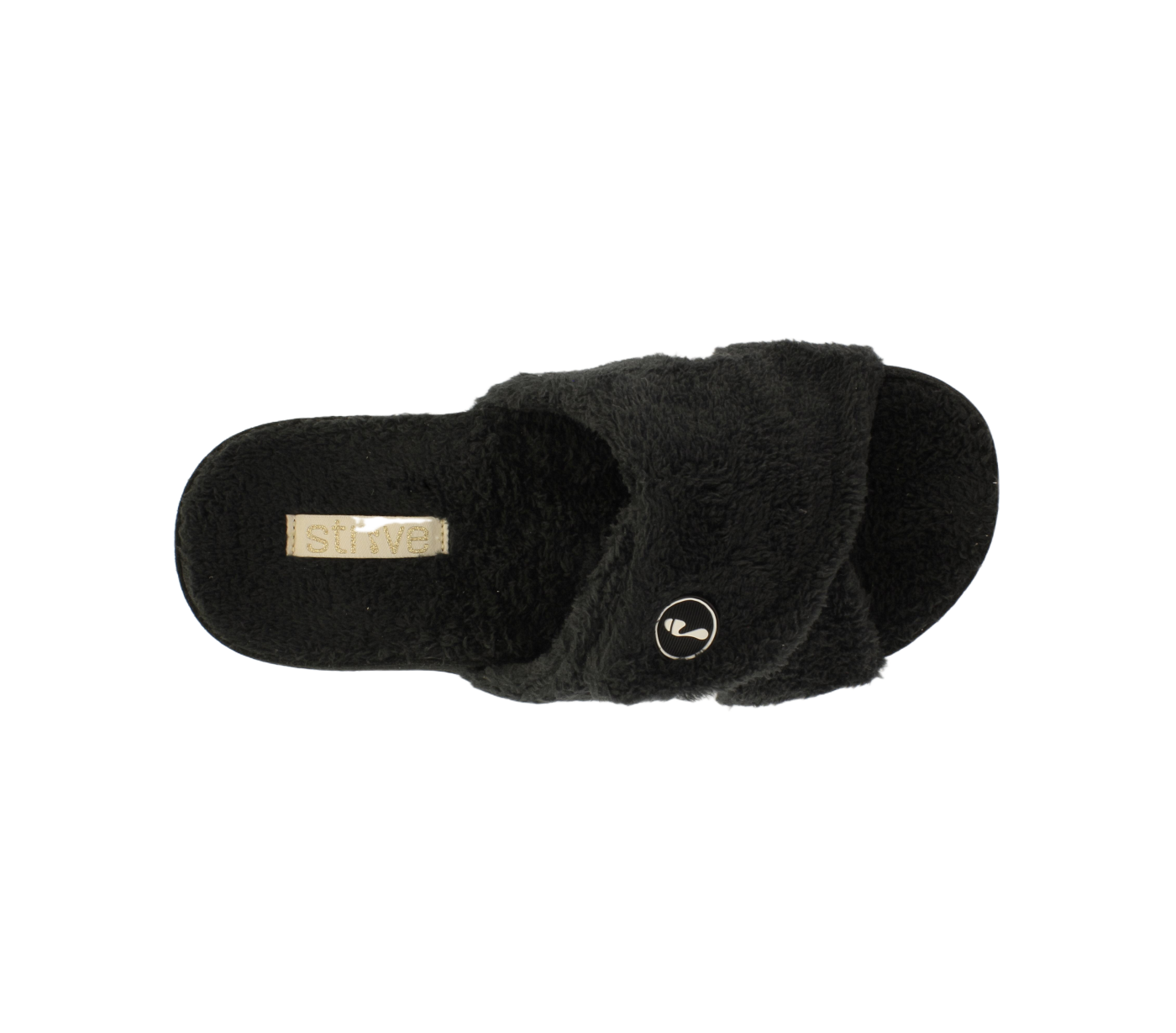 The STRIVE Strive Womens Zoey Black is a single black fuzzy comfort slipper with an open toe, crisscross strap, and arch support, shown from the top view against a white background.
