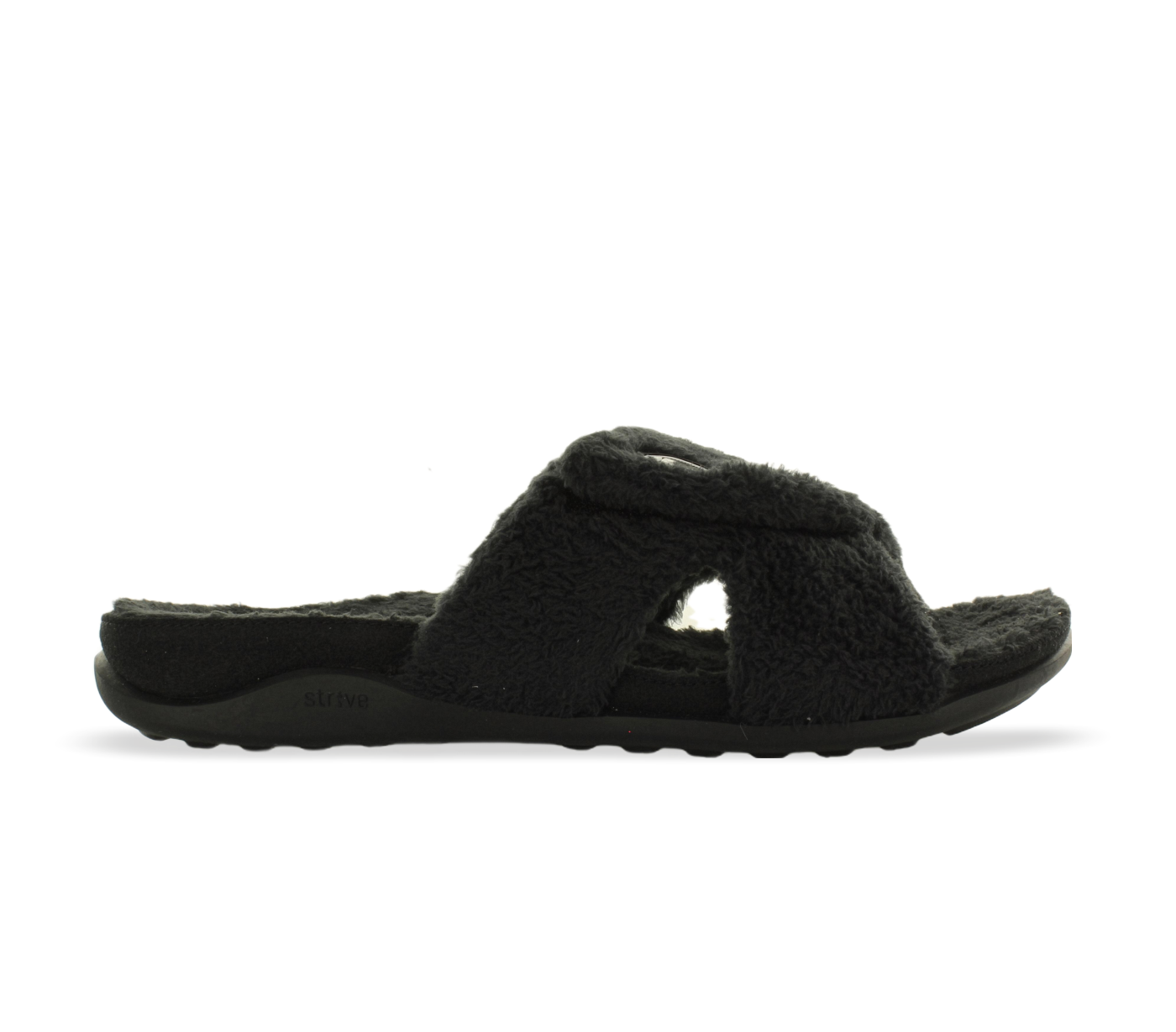 The Strive Womens Zoey Black by STRIVE is a black open-toe slide sandal with a plush crisscross band and contoured sole, offering stylish comfort slippers with arch support.