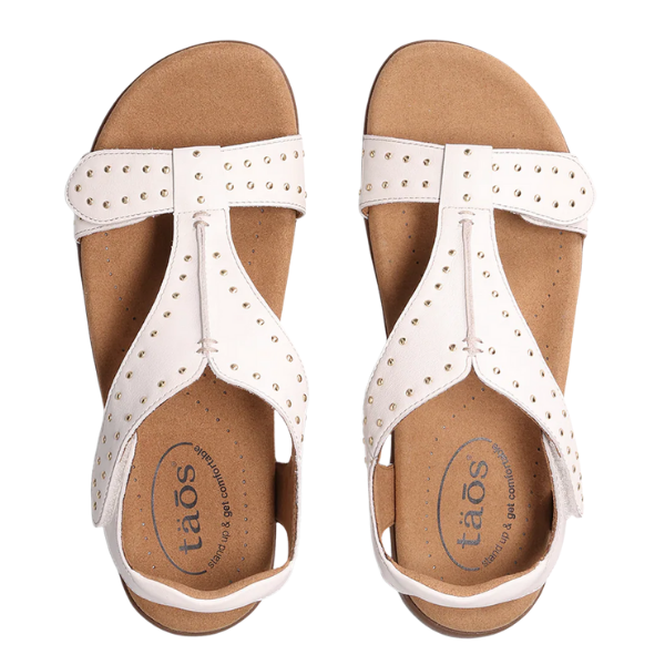 A pair of black TAOS Womens Show Stopper sandals featuring open toes, ankle straps, and metallic studs, displayed from above on a white background—stylish Soft Support sandals designed for comfortable foot pain relief.