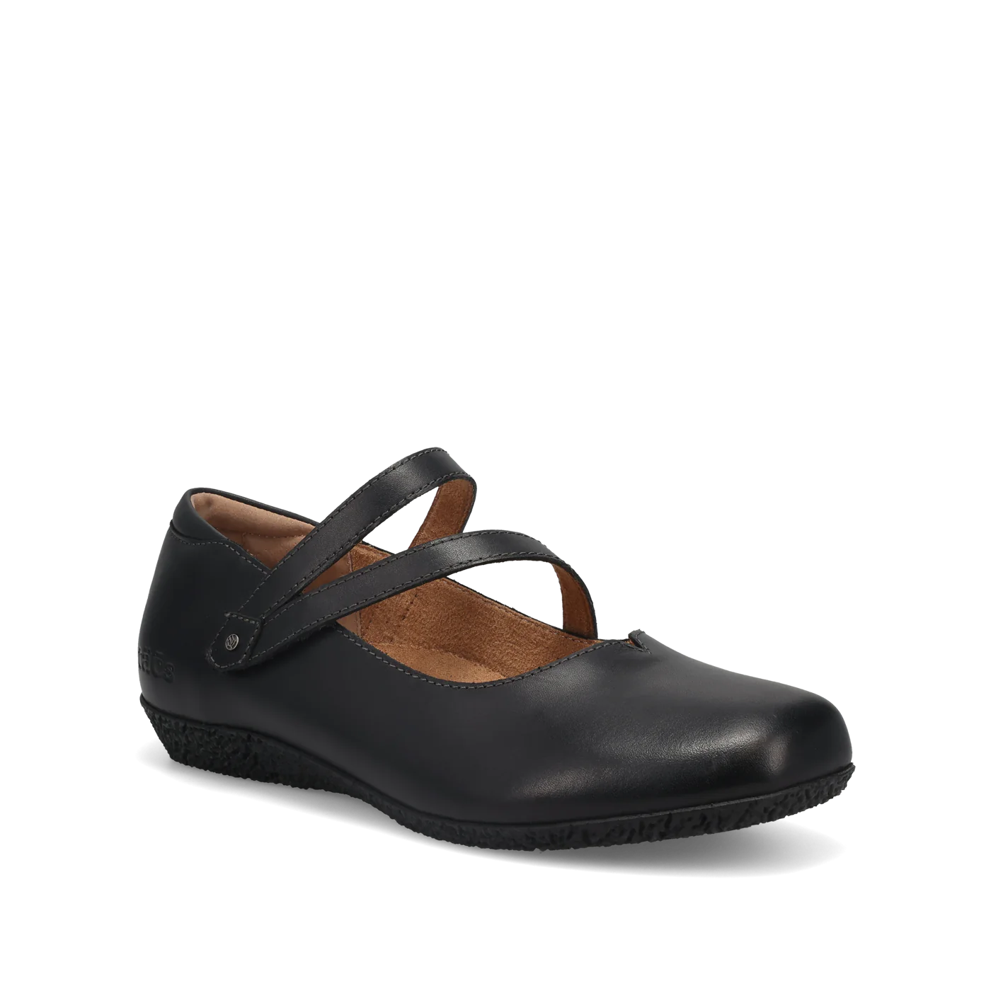 The TAOS Taos Womens Banter Black is a chic luxe leather Mary Jane flat with two diagonal straps, rounded toe, textured sole, arch and metatarsal support, plus a removable footbed for all-day comfort. Shown side view on white background.