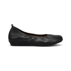 The Taos Womens Chit Chat Black skimmer flat features black leather with subtle ruching, a textured low sole, and a Curves & Pods footbed for comfort. Shown from the side against a white background. Brand: TAOS.