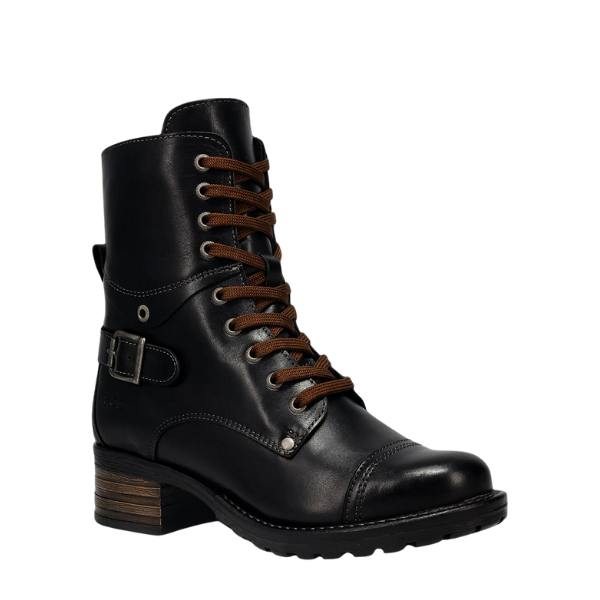 The TAOS Womens Crave Boot Black features black leather, brown laces, a side buckle detail, low stacked heel, and detailed stitching for stylish comfort with arch support—shown on a plain white background.