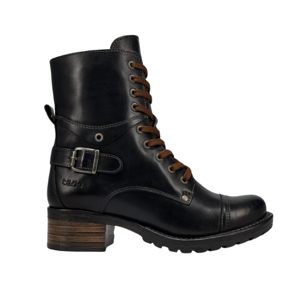 The TAOS Taos Womens Crave Boot Black features black leather, brown laces, a side buckle, short stacked wooden heel, stitching details, arch support for all-day comfort, and a rugged rubber sole.