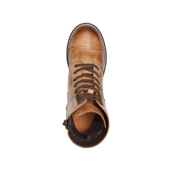 Top view of the TAOS Womens Crave Boot Caramel, featuring dark brown laces, light brown stitching on the sole, a partially open side zipper, and an orthotic-friendly design, isolated on white.