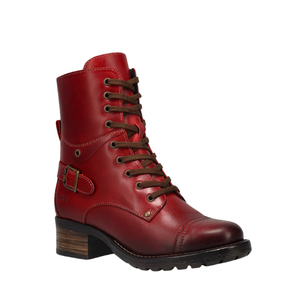 The Taos Womens Crave Boot Red from TAOS is a single red leather boot featuring brown laces, a side buckle, low stacked wooden heel, arch support, dark ridged sole, and visible upper stitching.