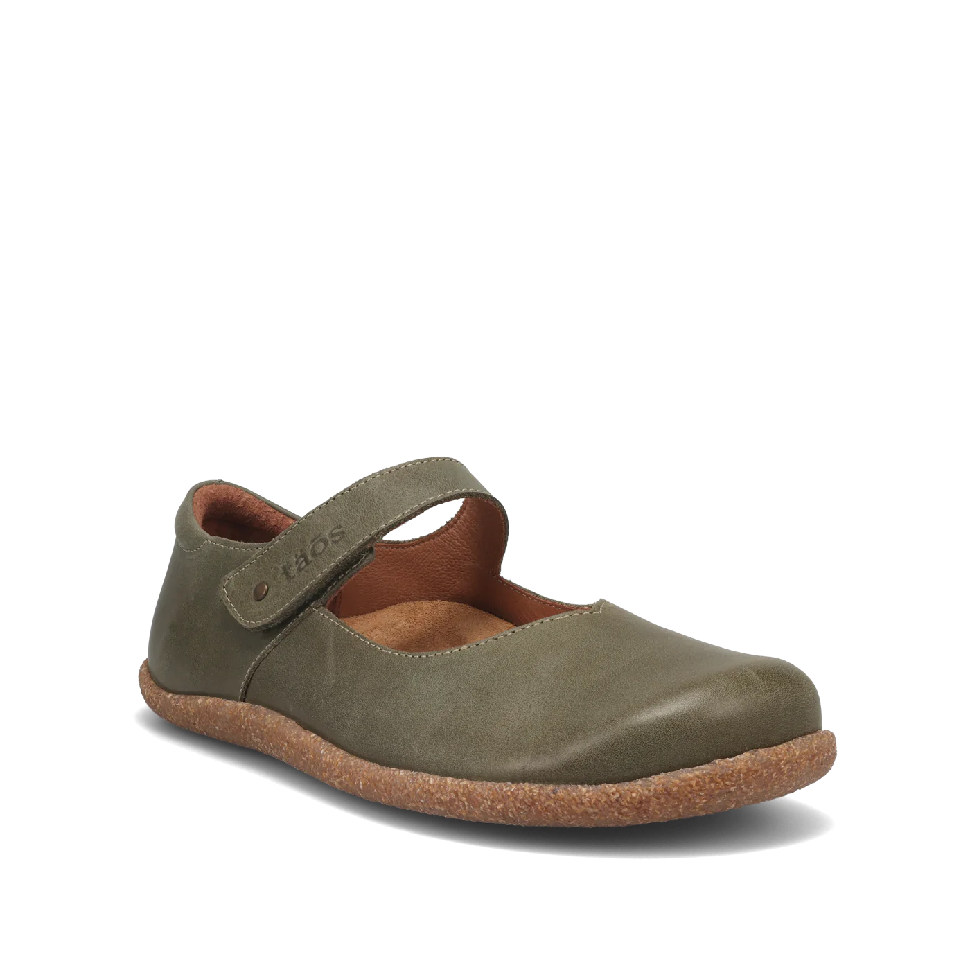 The TAOS Taos Womens Ultimate Forest is an olive green Mary Jane shoe with a cork sole, brown lining, Velcro strap, and built-in arch support—ideal comfort for plantar fasciitis.
