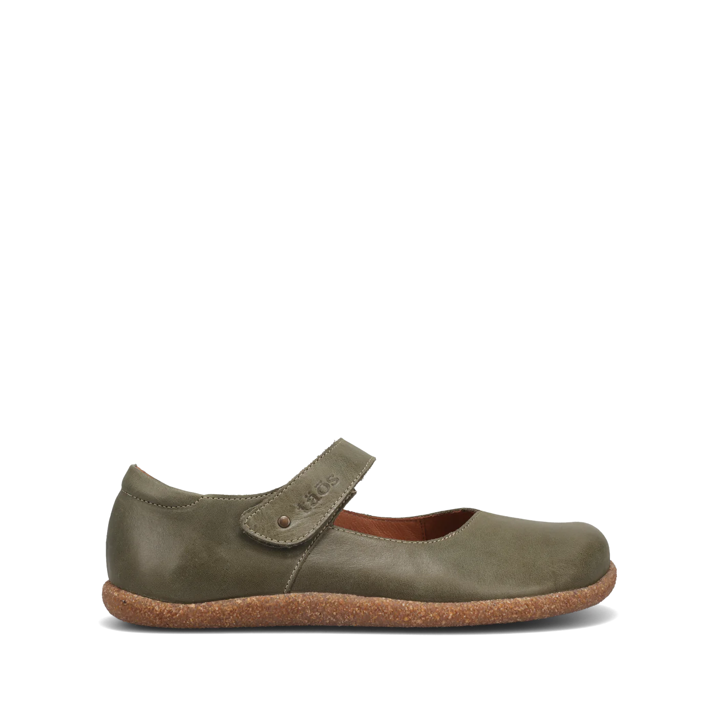 The TAOS Taos Womens Ultimate Forest is an olive green Mary Jane flat with arch support, a cork sole, and a Velcro strap, shown from the side on a plain white background.