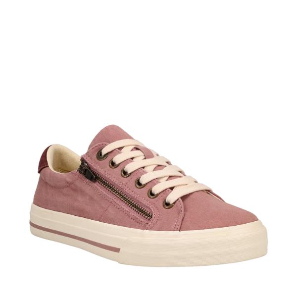 The TAOS Womens Z Soul Dusty Rose/Wine sneaker features pink suede, white laces, a white rubber sole with maroon stripe, a decorative side zipper, and a Curves & Pods footbed for plantar fasciitis comfort.