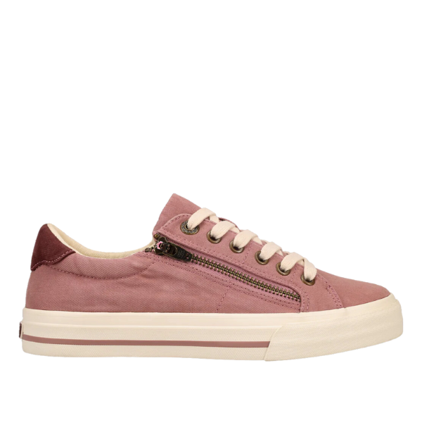 The TAOS Womens Z Soul in Dusty Rose/Wine is shown in profile, featuring cream laces, a side zipper, a cream sole with a pink stripe, and a Curves & Pods footbed for plantar fasciitis comfort on a white background.