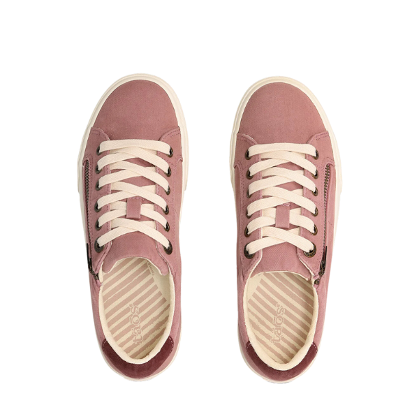A pair of TAOS Womens Z Soul sneakers in Dusty Rose/Wine with white laces, beige striped insoles, side zippers, and Curves & Pods footbeds for plantar fasciitis comfort, shown from above.