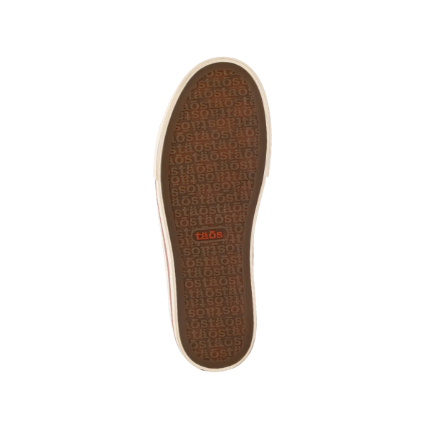 A brown tread shoe sole with a repeating staōst pattern and an orange TAOS logo, shown from above on white, designed for plantar fasciitis comfort with the Curves & Pods footbed on the Taos Womens Z Soul Dusty Rose/Wine.