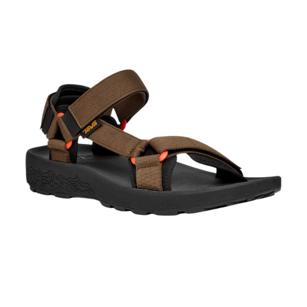 The Teva Men’s Hydratrek Sandal Brown features adjustable straps, orange accents, and a thick textured sole with advanced traction—ideal for hiking or casual wear. The image shows the sandals side and front.