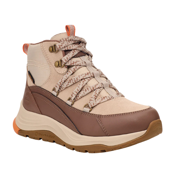The Teva Womens Auroris in Feather Grey/Acorn is a single waterproof boot featuring patterned laces, thick rubber sole, orange accents, metal eyelets, and a MAX-COMF insole—designed for outdoor use.