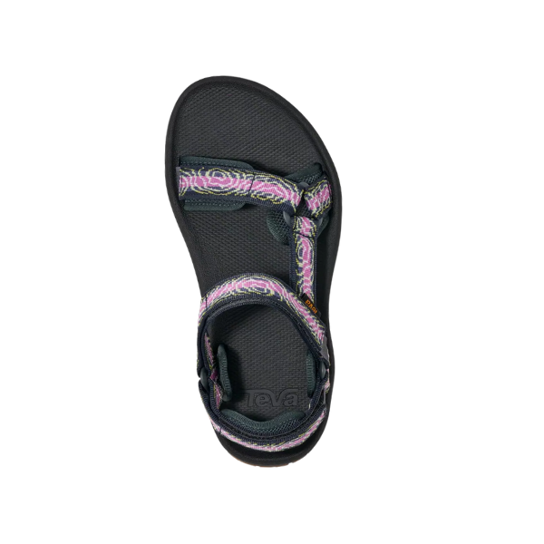 The Teva Womens Hydratrek Sandal in Black/Purple features quick-dry webbing and adjustable straps with a pink and purple swirl design, shown from above on a white background.