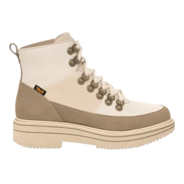 The Teva Womens Midform Boot Patchwork Neutral Multi is a high-top sneaker boot featuring a thick sole, lace-up front, MAX-COMF insole, and Teva logo tag—combining rugged outdoor style and all-day comfort in beige and cream patchwork.
