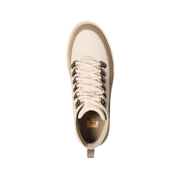 Top view of the Teva Womens Midform Boot Patchwork in Neutral Multi, featuring beige and tan patchwork, metal eyelets, heel pull tab, and a MAX-COMF insole for all-day comfort. Isolated on white.