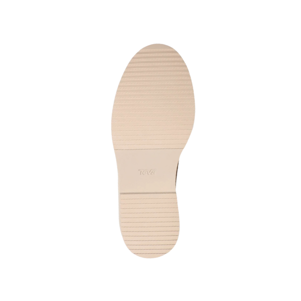 The Teva Womens Midform Boot Patchwork Neutral Multi by Teva features a beige shoe sole with a ribbed, textured pattern and 104F embossed in the center, plus a MAX-COMF insole for comfort, shown on a plain white background.