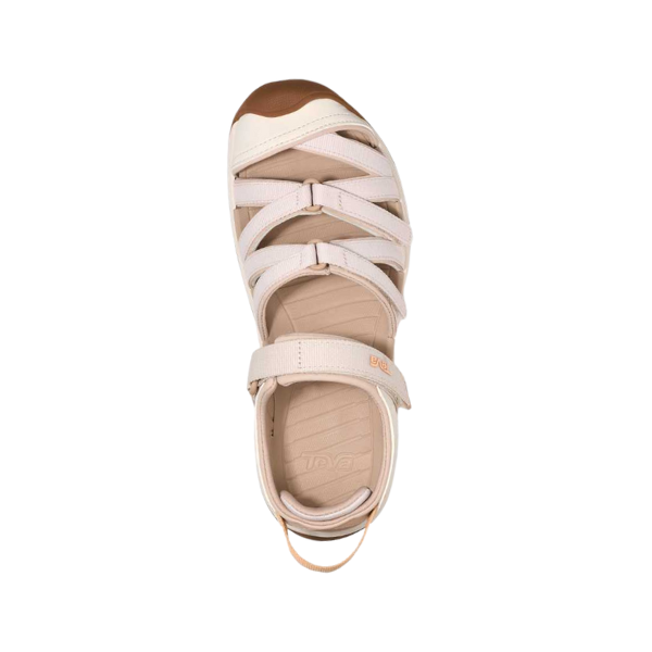 Top view of the Teva Womens Tirra CT Birch sandal, featuring a closed toe, crisscross recycled polyester straps, and a Velcro ankle strap—ideal for active or outdoor adventures.