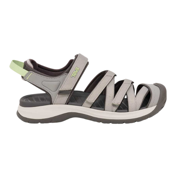 The Teva Womens Tirra CT Grey is a gray and light green adventure sandal with a closed toe, open sides, adjustable straps, cushioned sole, and reliable arch support—perfect for outdoor activities.