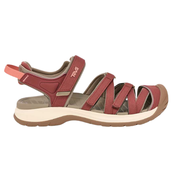The Teva Womens Tirra CT Mahogany sandal features adjustable recycled polyester straps, an open toe, and a cushioned sole—ideal for outdoor or casual wear.