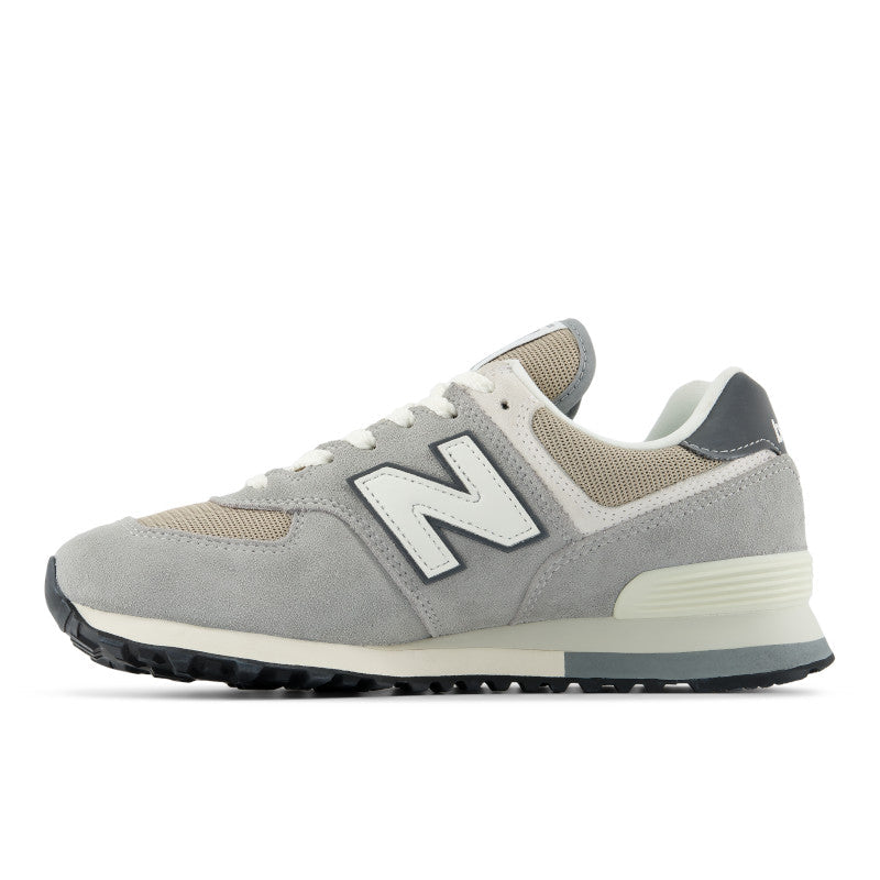 NEW BALANCE Unisex 574 Grey/Beige lifestyle sneaker, grey suede overlays on beige mesh, alternate side view.