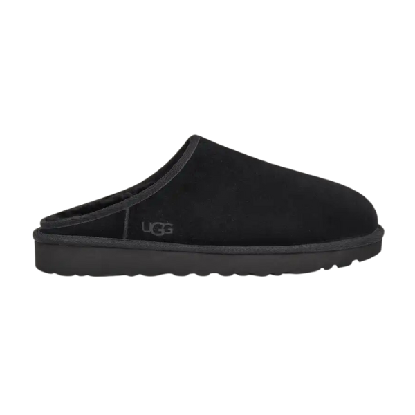 The UGG Mens Classic Slip-On Black features an open heel, rounded toe, and side logo. Crafted from suede and sheepskin, its textured sole ensures comfort and support for indoor or outdoor wear.