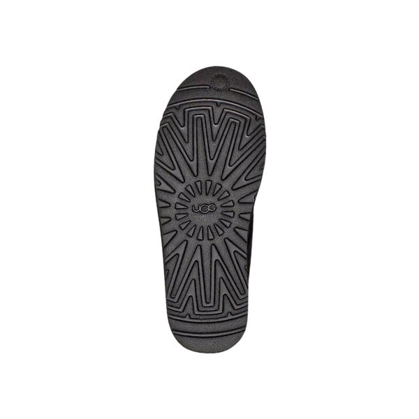 The UGG Mens Neumel Black features a black sole with a textured, geometric tread of zigzag and radial lines, UGG embossed in the center. Inspired by the Neumel, this sustainable sole is set against a plain white background.