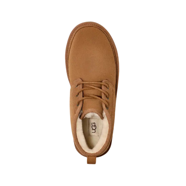 Top view of a single UGG Mens Neumel Chestnut chukka boot showing suede upper, cozy UGGplush wool lining, and the branded insole, isolated on a white background.