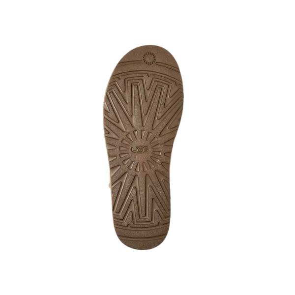 A brown sole with zigzag and sunburst patterns, plus a central UGG logo, from the UGG Womens Classic Mini II Boot Sand, is shown on a white background.