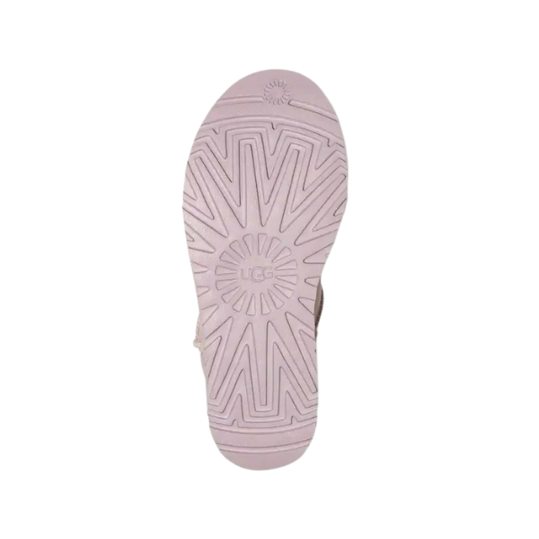 The image shows the sole of the UGG Womens Classic Ultra Mini Boot in Pale Smoke, featuring a geometric tread with the UGG logo at the center, sunburst designs, and crafted for comfort with soft sheepskin.