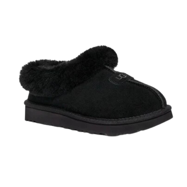 The UGG Womens Tazzette Slipper in black features a thick Treadlite by UGG sole, plush sheepskin lining at the opening, and subtle top stitching for style and comfort.