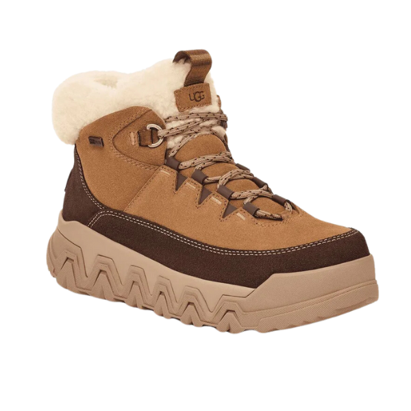The UGG Womens Terretrail Cozy Lace Chestnut boots feature waterproof suede in brown and tan, a thick patterned sole for winter traction, a shearling collar, faux-fleece lining, and two-tone laces. Shown on a white background.
