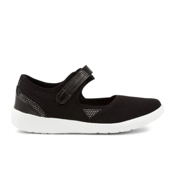 The ZIERA Womens Ushery Wide Black is a Mary Jane-style athletic shoe with mesh details, a Comfort Plus footbed, hook-and-loop strap, and white rubber sole—shown in side profile against a plain white background.