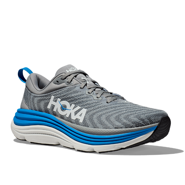 The HOKA Mens Gaviota 5 Wide in Limestone/Blue features a gray upper with blue accents, white branding, and a white-and-blue sole. Displayed on a white background, it offers H-Frame technology for enhanced stability and support.
