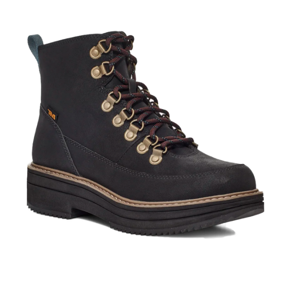 The Teva Womens Midform Boot Black features brown laces, metal eyelets, sturdy stitching, a thick sole with MAX-COMF insole technology, a rugged outdoor-ready design, and a small back pull tab.