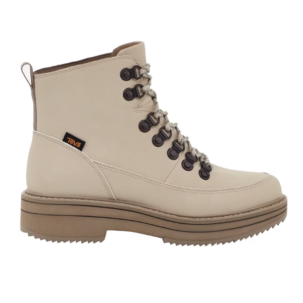 The Teva Womens Midform Boot Feather Grey is an eco-friendly ankle-high boot with tan laces, metal eyelets, a brown pull-tab, thick textured sole, and the Teva logo tag on the side—designed for comfort.
